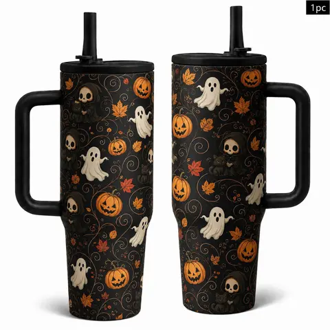 1 Pc 40 oz Cute Halloween Ghost, Pumpkin, Black Cat & Grim Reaper Pattern Stainless Steel Insulated Drink Tumbler with Handle & Straw, Double-Wall Vacuum Insulated Travel Mug with Leak-Proof Lid, Keeps Hot 12H / Cold 24H, Gift for Women, Men & Teens