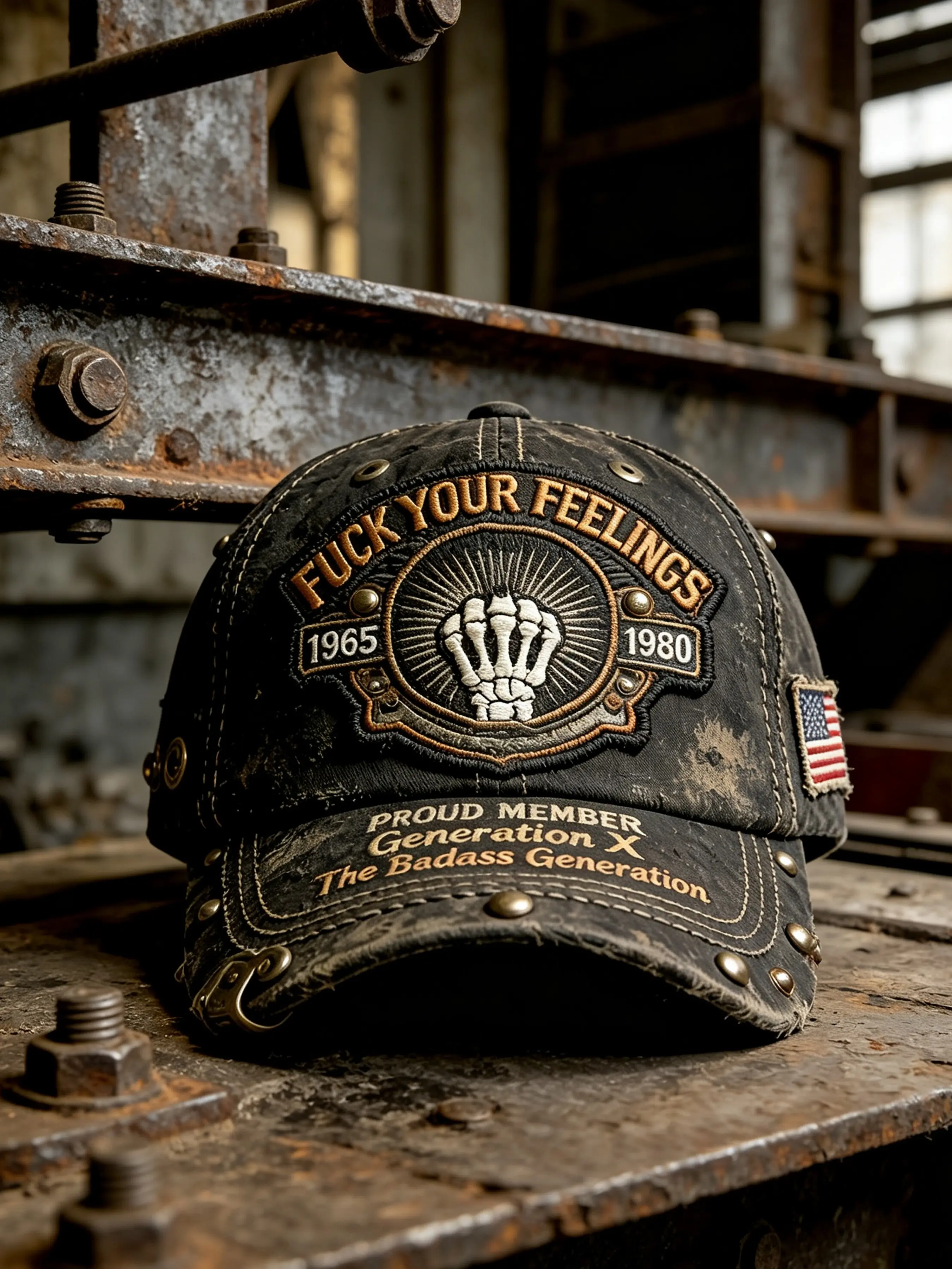 Vintage Baseball Cap for Gen X, Distressed Skull Print, Adjustable Punk Hat, American Flag Patch, Perfect for Birthdays and Outdoor Wear