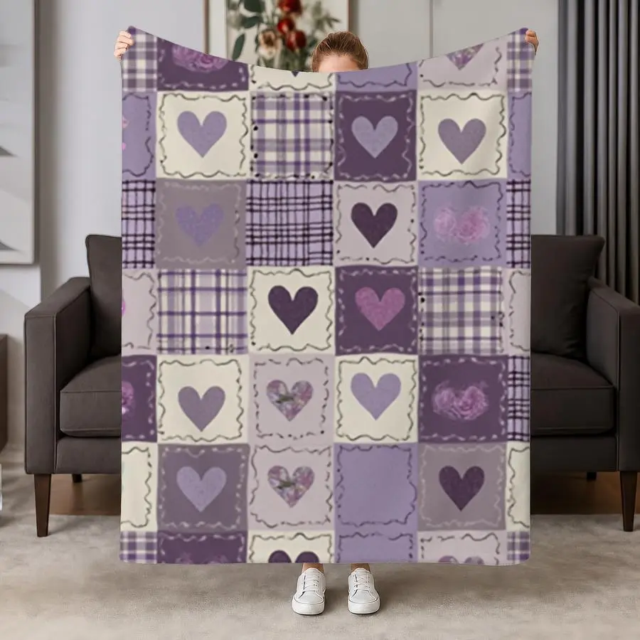 Soft Lavender Purple and Purple Spliced Flannel Blanket - Retro Heart and Rose Quilted Design, Comfortable Wavy Edges, Suitable for Sofas, Beds, Offices, and Travel, Machine Washable Gift for Family