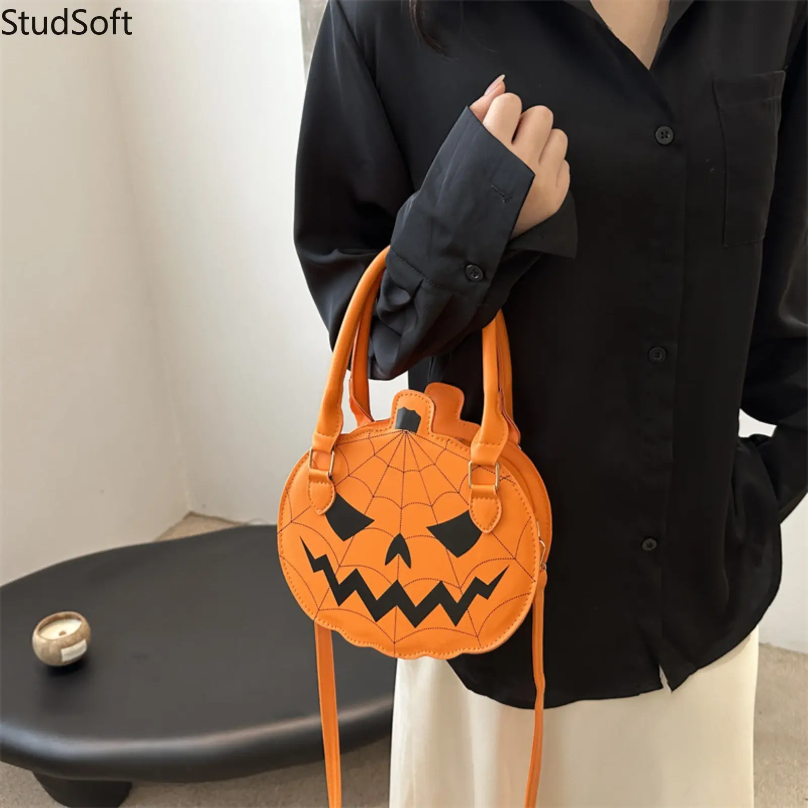 Spiderweb Halloween Pumpkin Crossbody Bag, Orange Black Gothic Round Top Handle Purse, Multi Color Satchel Handbag for Women Costume Party & Travel