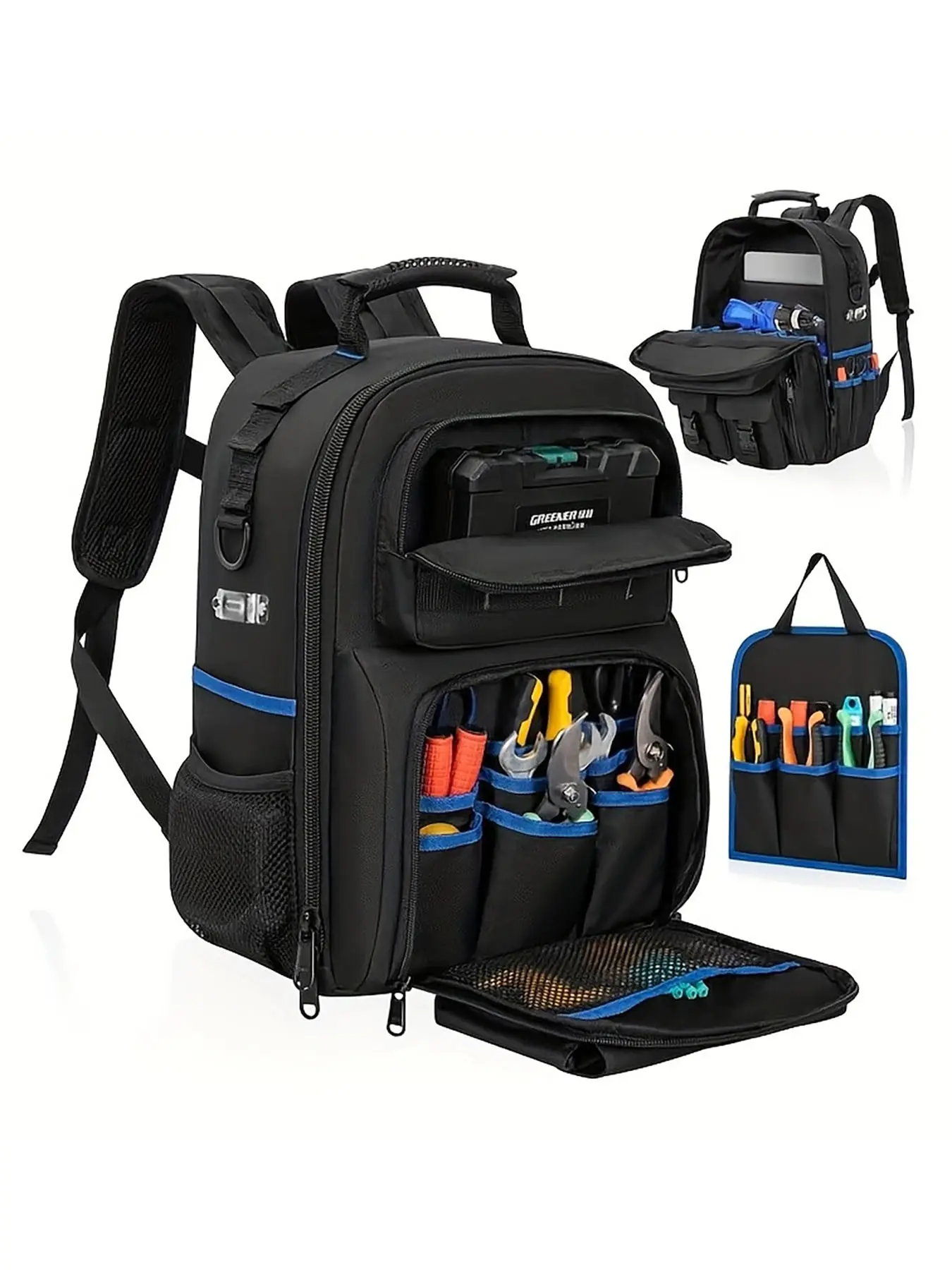 Tool Bag with Padded Lining, Detachable Storage Pouch, Ideal for Electricians and Hardware Tools, Shoulder Backpack Style