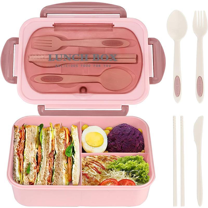 Classic - Adult Bento Box, All-in-One Stackable Lunch Box Container with 3 Compartments, Plastic Utensils, and Nylon Sealing Strap, Food Container