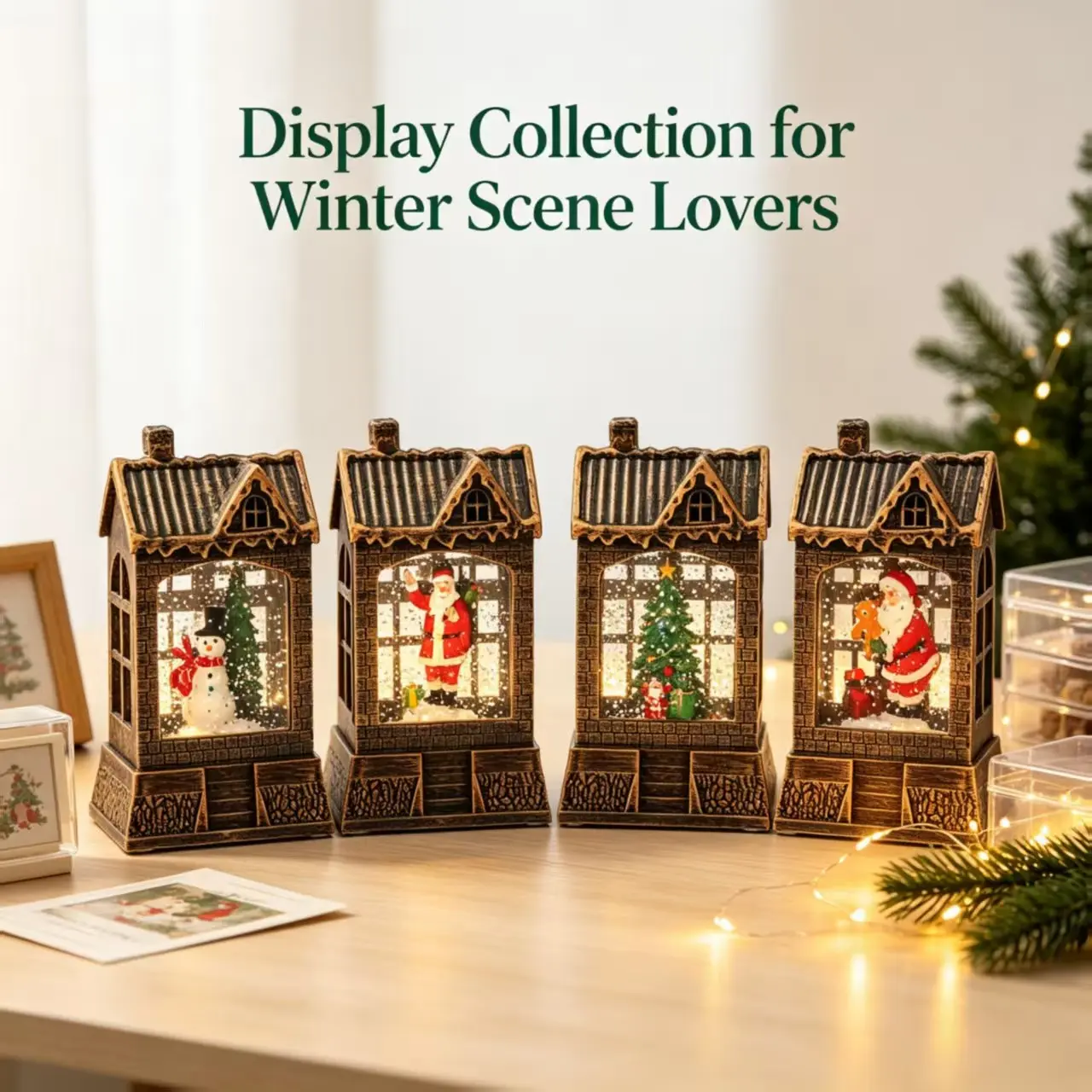 Vintage Rustic Mini Wooden House Christmas Lamp, Electric Snowfall LED Light, Desktop Advent Gift, Creative Holiday Ornament
