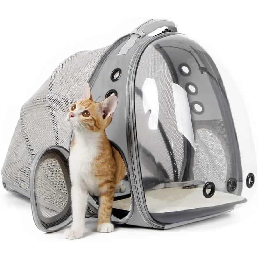 Back Expandable Cat Carrier Backpack with Bubble Front, Breathable Carrier Bag for 12 lbs Max Kitten, Small Puppy & Rabbit, Grey, Space Capsule Window Design, Breathability, Shoulder Straps