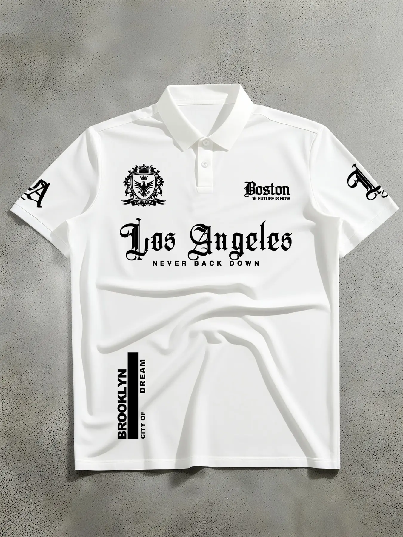 Los Angeles Boston Brooklyn City Print Collared Polo Shirt Harajuku Grunge Style Men's White Tee Top Aesthetic Graphic Hip Hop Streetwear for Teen Boys Back to School