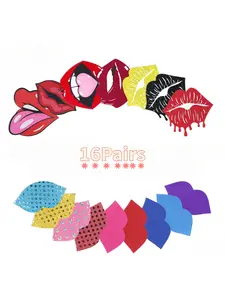 16 pairs of glitter lip gloss stickers self-adhesive stickers black base red lip print kisses areola stickers seamless female disposable cover stickers