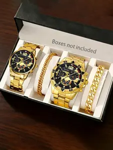 4pcs Luxury Men's Watch Set, Quartz Analog Watches with Metal Bands, Perfect Gift for All Occasions