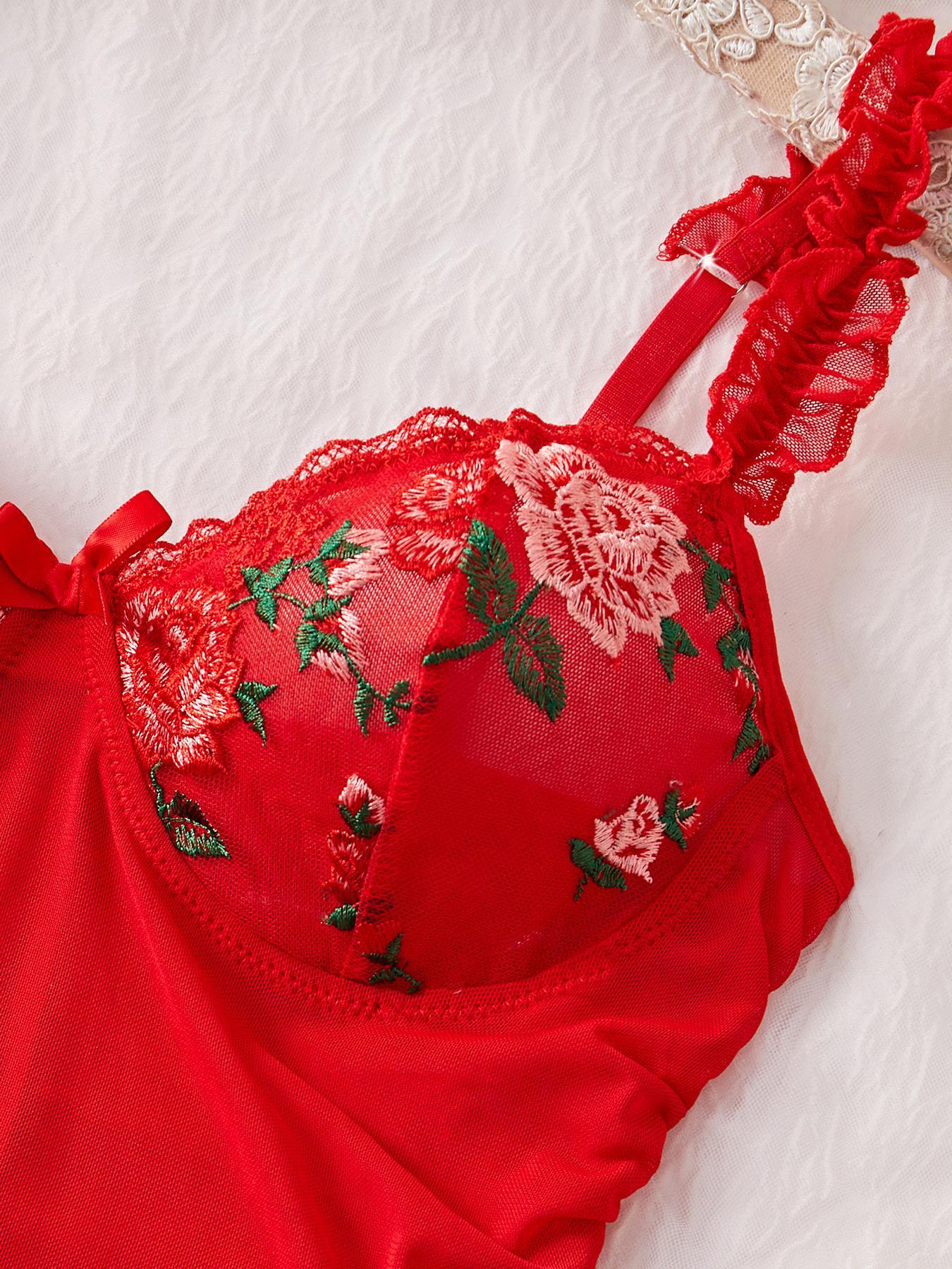 Women's Elegant Casual Homewear 2-Piece Set, Rose Embroidery Floral, Adjustable Thin Straps, Lightweight Semi-Transparent Fabric, All Seasons