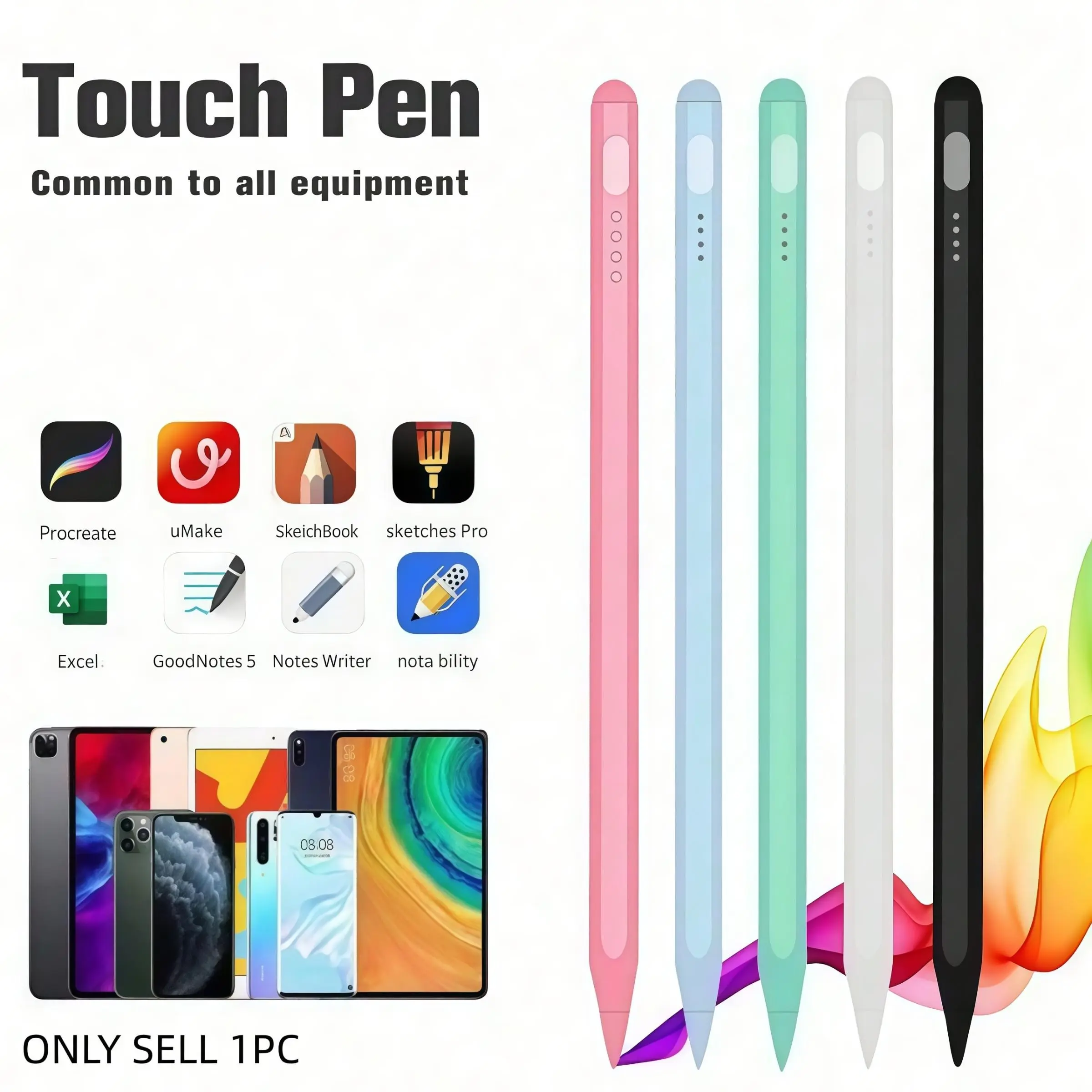 Rechargeable Fine Tip Stylus Pen with Battery Indicator, Universal Touch Pencil for Drawing & Note Taking, Compatible with iPad & Android Devices