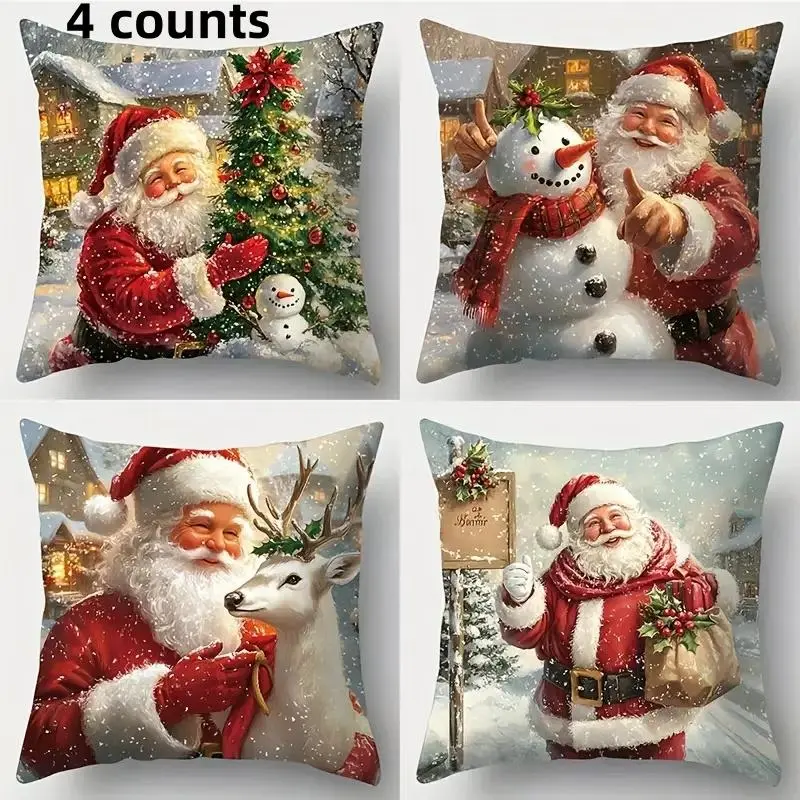 4 Counts Christmas Pillow Set - Modern Hand Wash Printed Zipper Closure Suitable for Living Room Decoration - Santa Claus, Christmas Tree, Deer, Snowman Design, Woven Polyester, No Filler