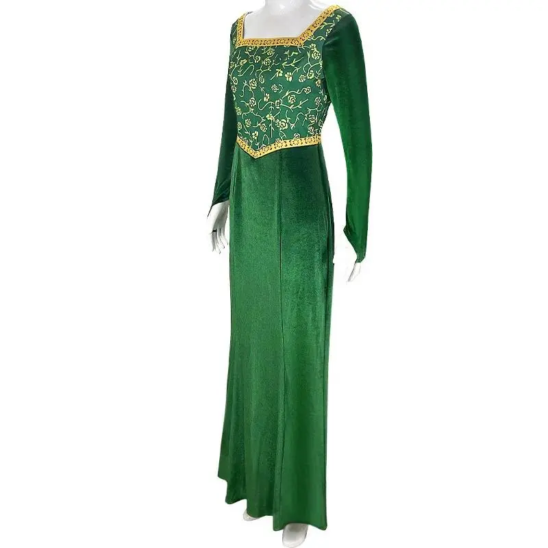 Women's Princess Fiona Cosplay Polyester Clothes Set - Anime Shrek Character Long Dress, Wig & Halloween Headgear for Festive Party Supplies, Fabric
