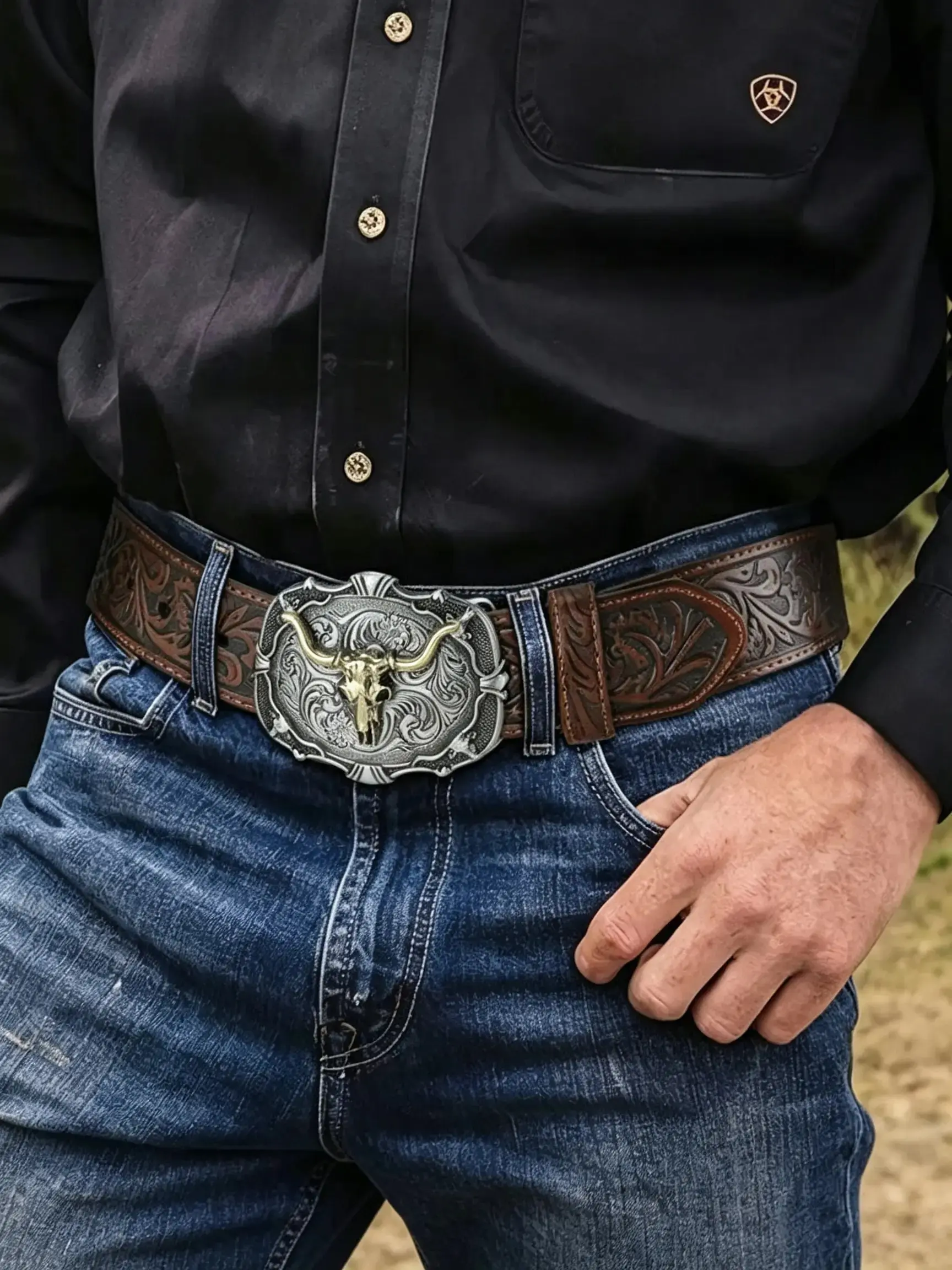 Western Cowboy Retro Bull Head Men's Stylish Versatile Belt, Embossed American Trendy Jeans Waistband, Fashionable Accessory for Men, Concho Western Belt, Western Cowboy Belts