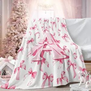 Custom Initial Letter A Pink Bow Coquette Flannel Blanket, All Over Cute Ribbon Print Warm Throw for Couch Bed Car Seat, Multi-Functional Foldable Lightweight Portable Travel Blanket, Personalized Sweet Gift for Girls