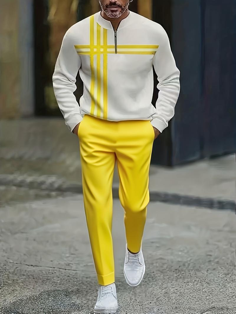 Half Zipper Fashion Casual Set with Trendy Personalized Stripe Design Simple Comfortable Versatile for Various Occasions Half Zipper Fashion Casual Set with Trendy Personalized Stripe Design Simple Comfortable Versatile for Various Occasions