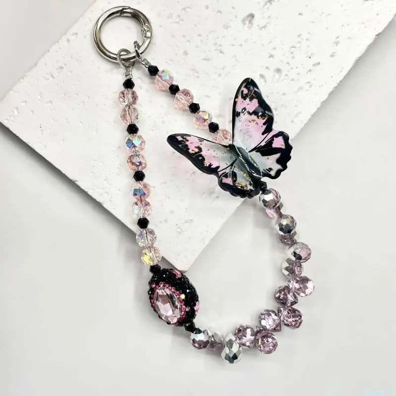 Handcrafted Crystal Beaded Phone Lanyard with Butterfly & Bow Charms, Customizable Multi-Use Wrist Strap for Cellphone, Keys, and Camera, Durable