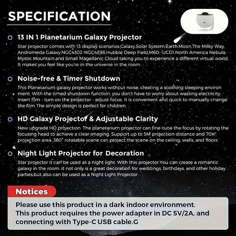 13 In 1 Galaxy Projector Novelty Light, Led Nebula Projector, 360° Rotatable Starry Sky Projector Ambient Light with 13 Film Disc, Night Decor Light for Bedroom, Living Room