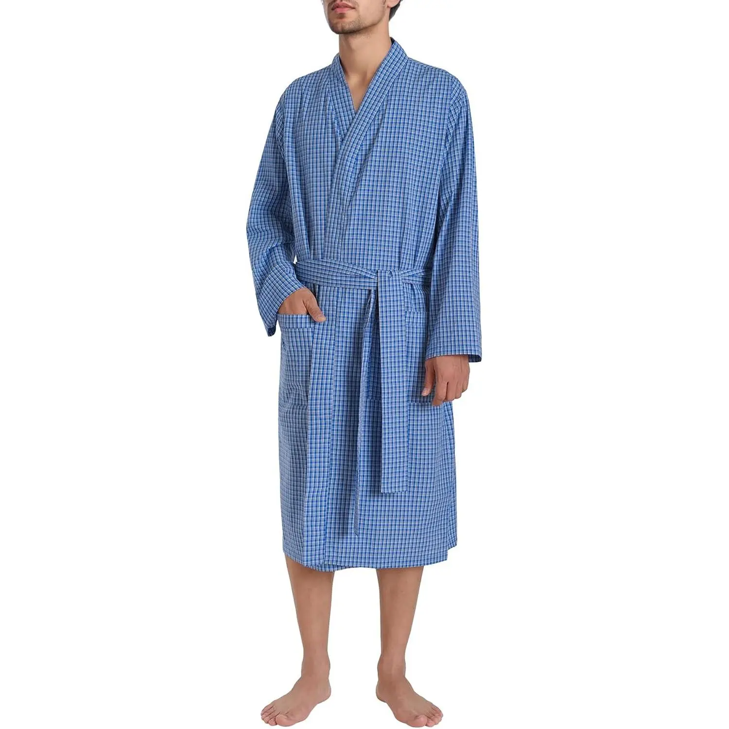 Men's Cotton Fabric Long-Sleeve Checkered Lightweight Summer Kimono Bathrobe, Menswear Loungewear, Sleeves