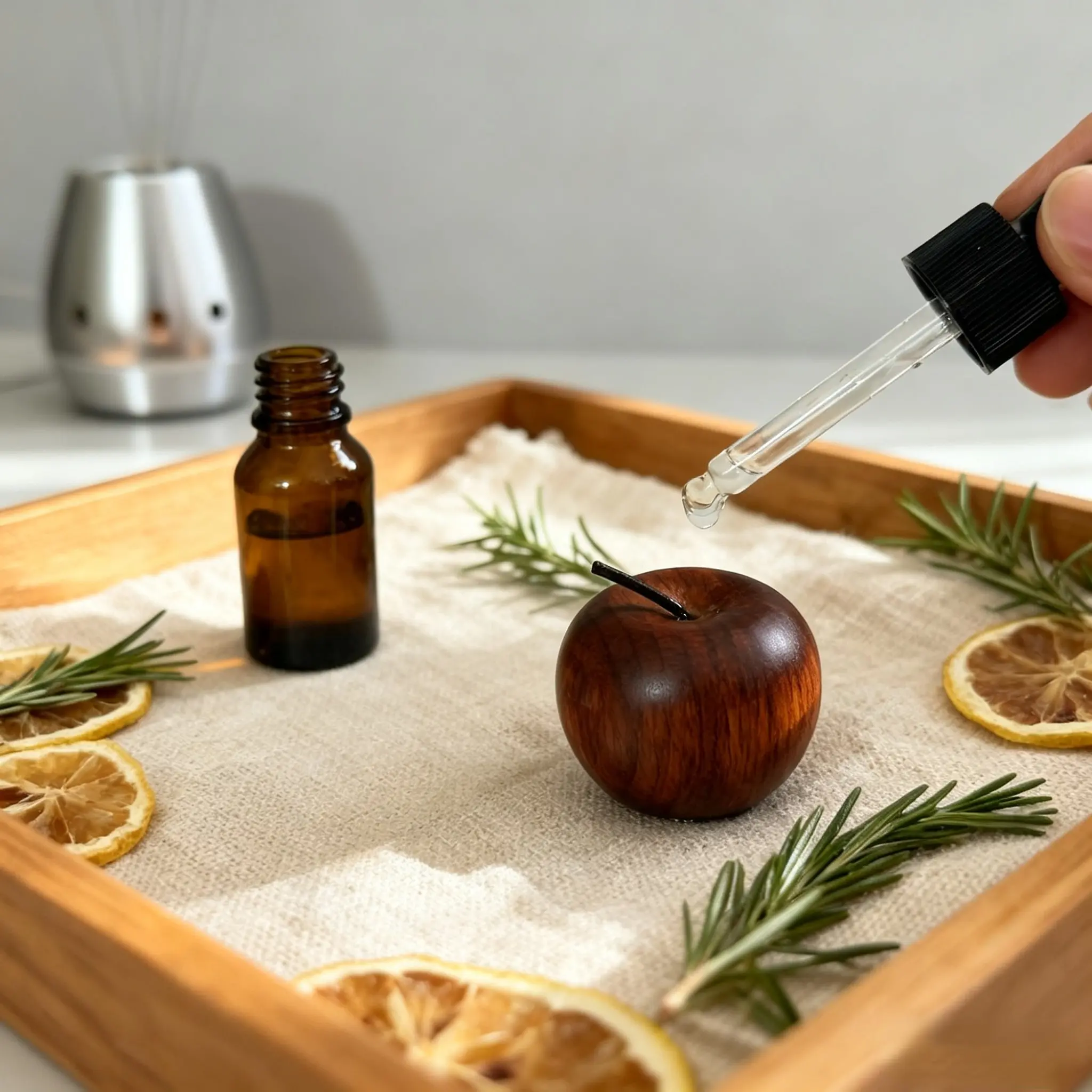 Natural Wooden Apple Scent Diffuser, Long-Lasting Essential Oil Diffuser, Ideal for Car and Home Decor, Aromatic Air Freshener