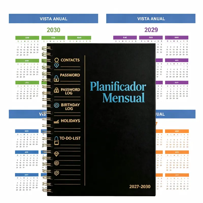 2027-2030 Monthly Diary - January 2027 to December 2030, 4-Year Monthly Diary in Spanish, Black Theme Cover Design Notebook, Yearly Diary, Month Tabs, 48 Months, 5.5 x 8.3 Inches Thick Paper, Elastic Cover