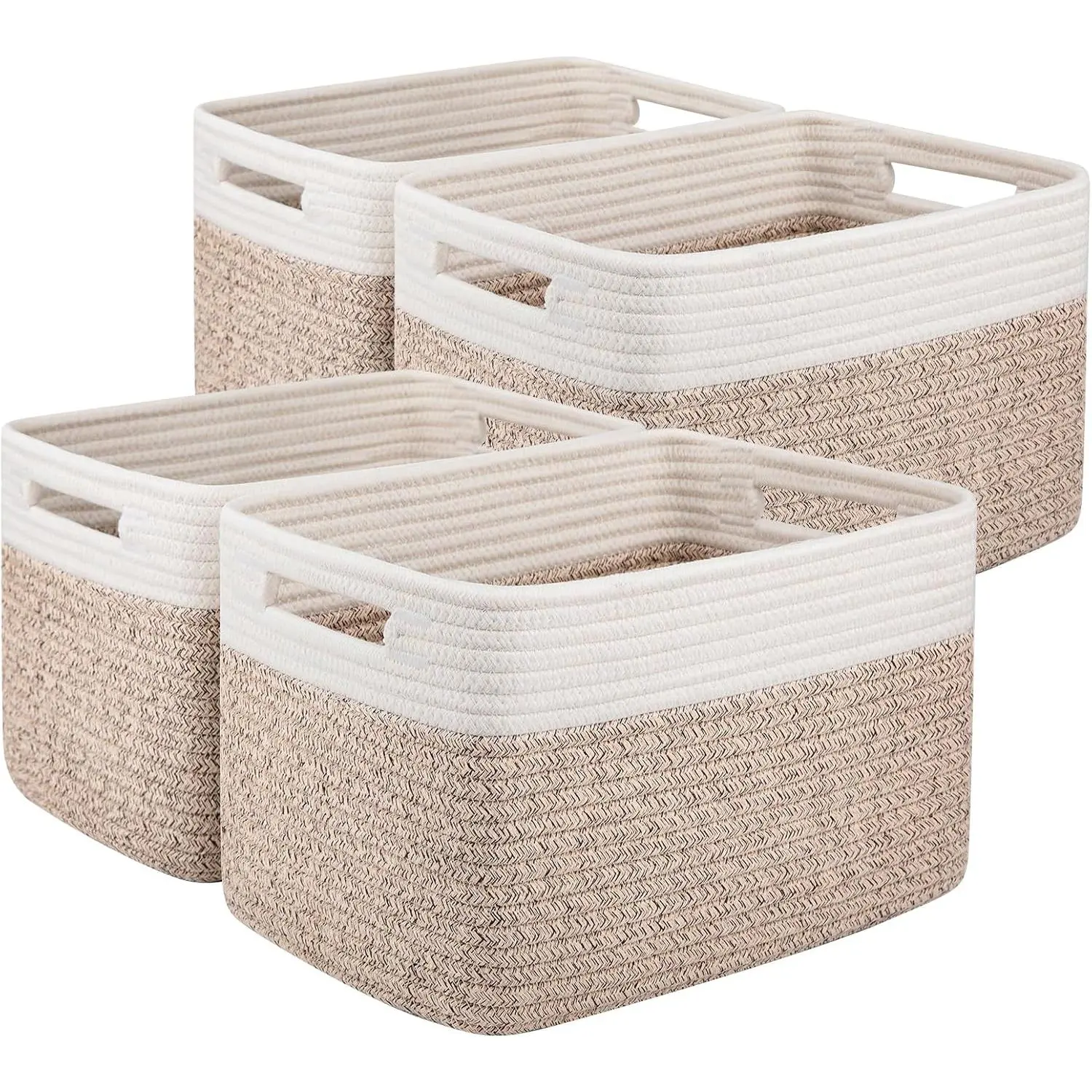 4 Pack Storage Basket, 13"x9"x7.8" Cotton Rope Baskets for Shelves, Closet Organizer for Bedroom & Living Room, Soft Decorative Bins for Organizing Towels, Books & Toys, Brown & White