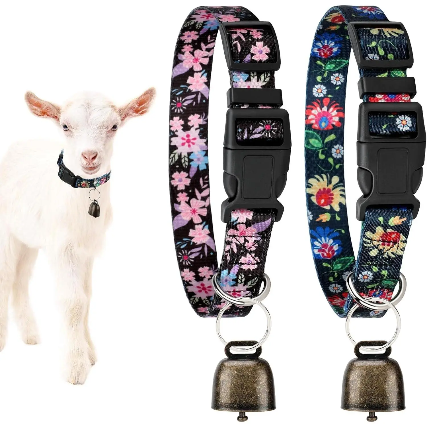 2-Pack Adjustable Nylon Goat Collars with Anti-Lost Loud Bronze Bells, Black Printed Accessories for Farm Grazing Goats, Sheep, Cows