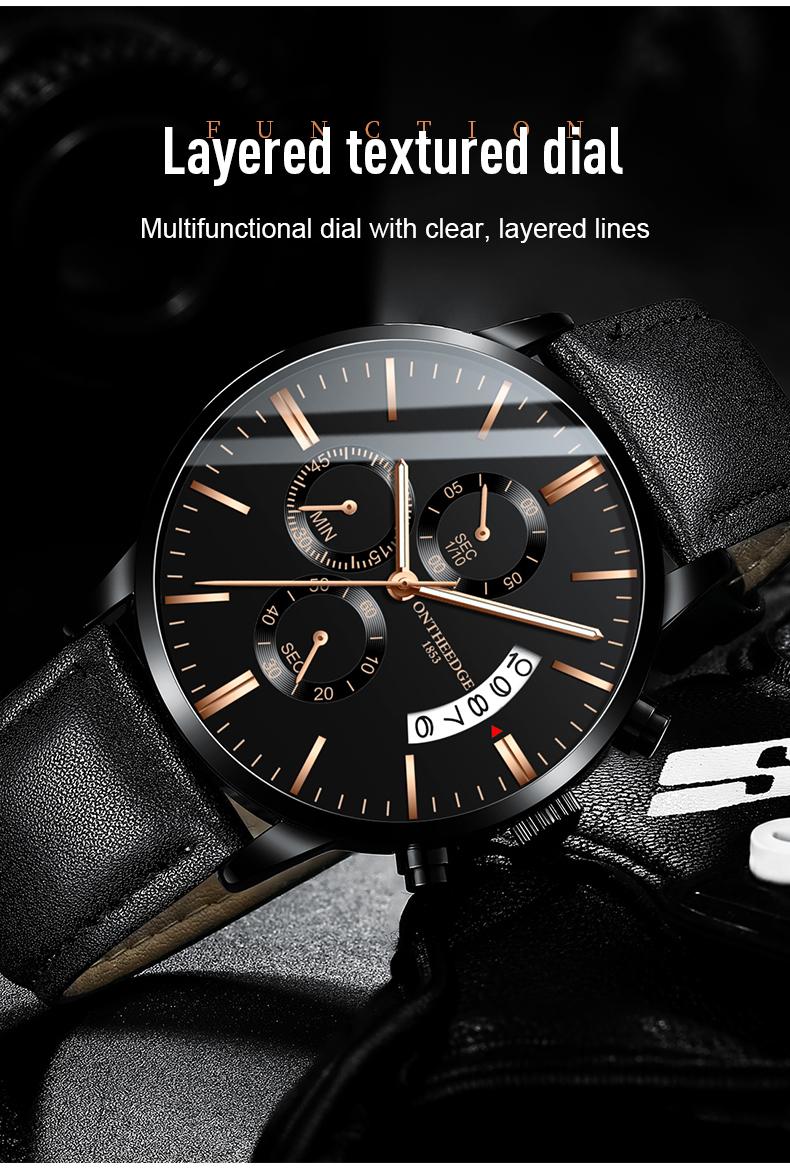 Men's Luxury Black Chronograph Quartz Watch - Leather Strap Wristwatch with Date, Multi-Function Subdials, Luminous Hands, Business Casual Dress Watch, Perfect Gift for Him