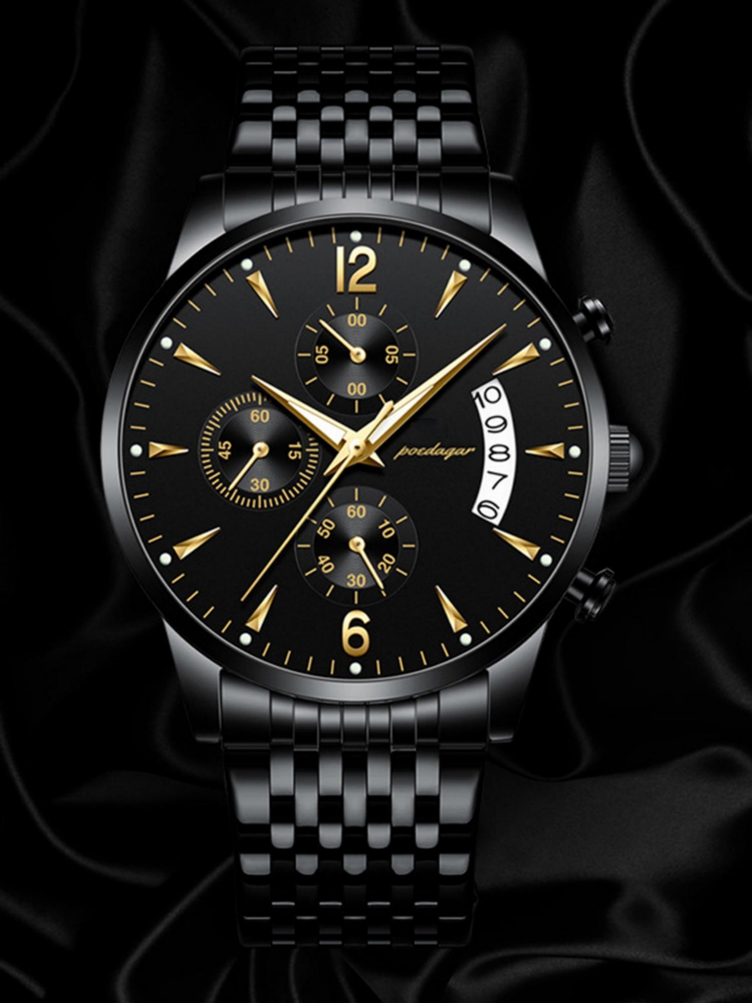 Men's Watch 30m Waterproof Business Fashion Gold Stainless Steel Strap Calendar Quartz Wristwatch Movement Luminous Fashionable Dial Gift for Father's Day Valentine's Day Water Resistant Watch