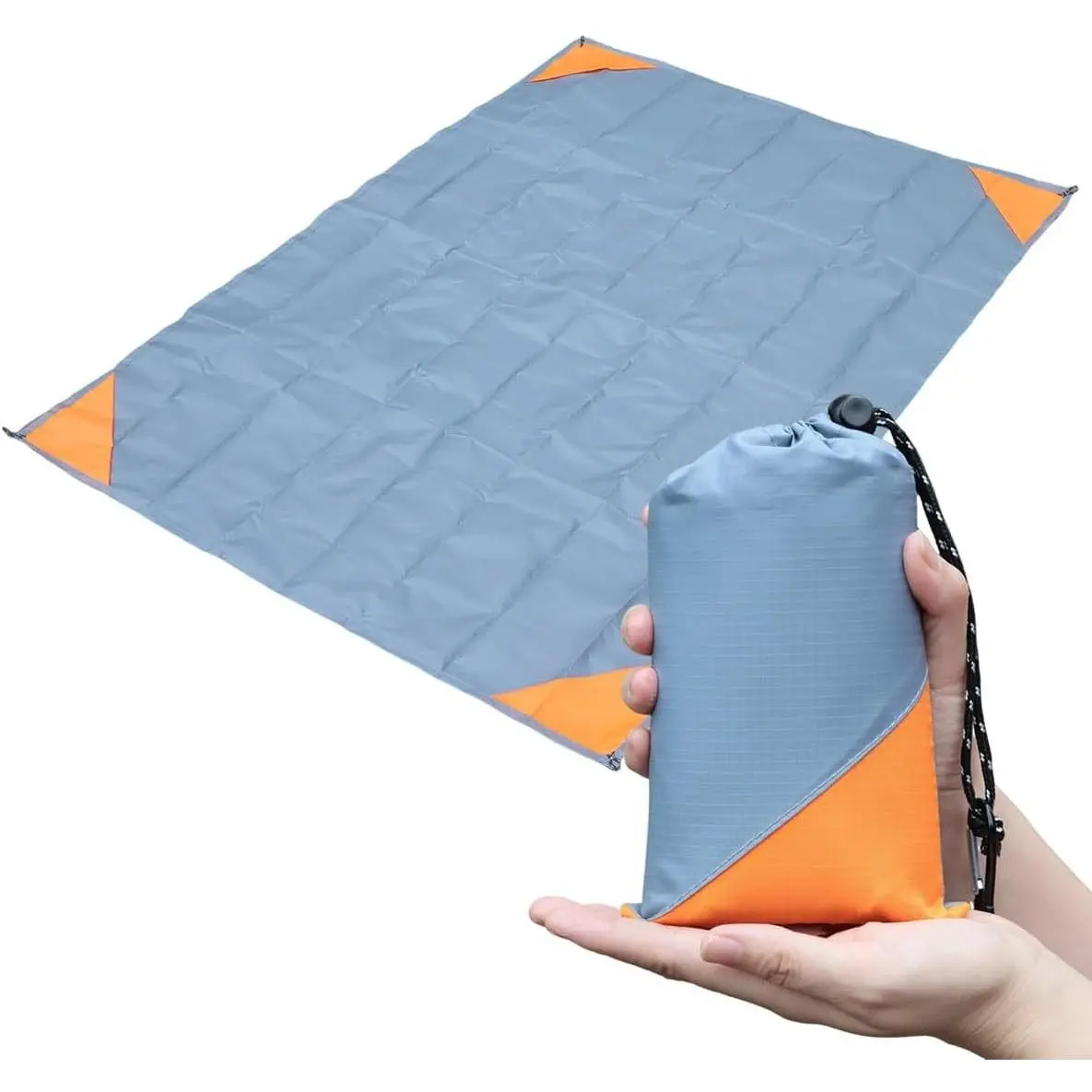 Pocket Picnic Blanket, Beach Mat Waterproof Sandproof, Compact Lightweight Small Tarp for Camping, Hiking, Backpacking, Festival, Travel, Foldable in Bags (Grey/Orange, 55"x79")