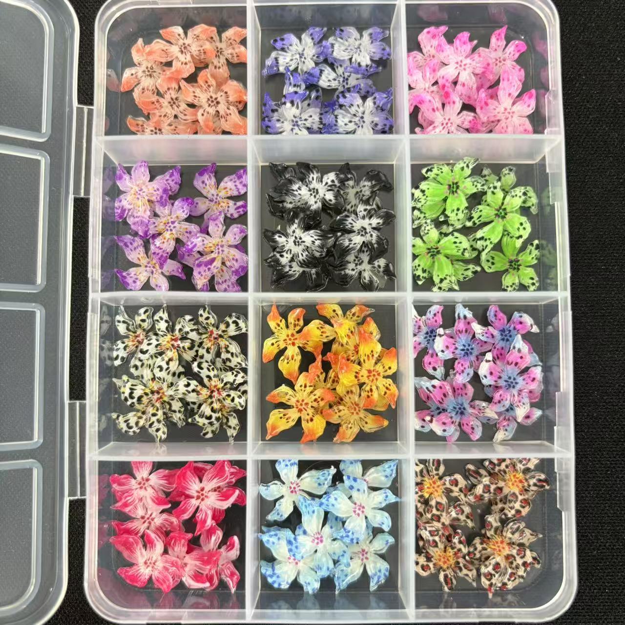 12-Color 3D Flower Nail Art Accessories Box, Anti-Allergy Handcrafted Decorations, Luxurious Nail Design Essentials, Nail Art Stickers