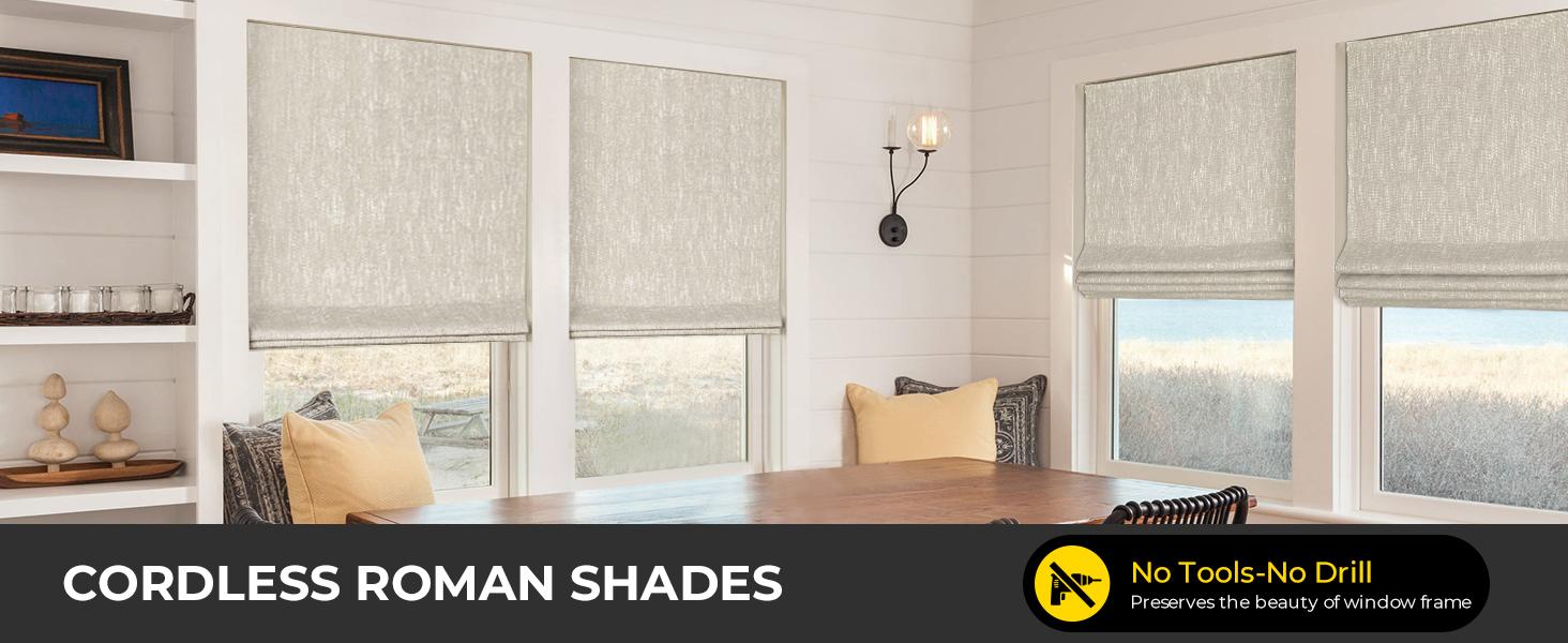 No Tools No Drill Cordless Roman Shades for Indoor Windows 100% Blackout, for Window Size 34" W * 64" H Beige