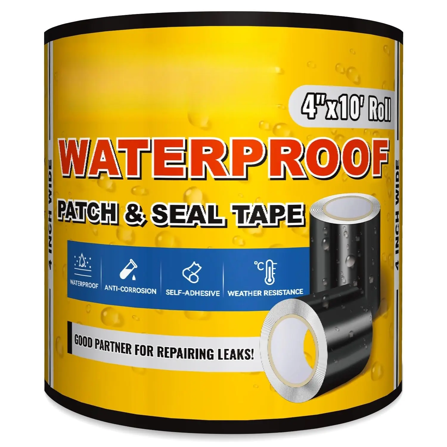 Patch and Seal Tape, 4" × 10'  Tape for Outdoor Use, Underwater Leaks Repair for Pool, Plumbing, Black, 1 Roll
