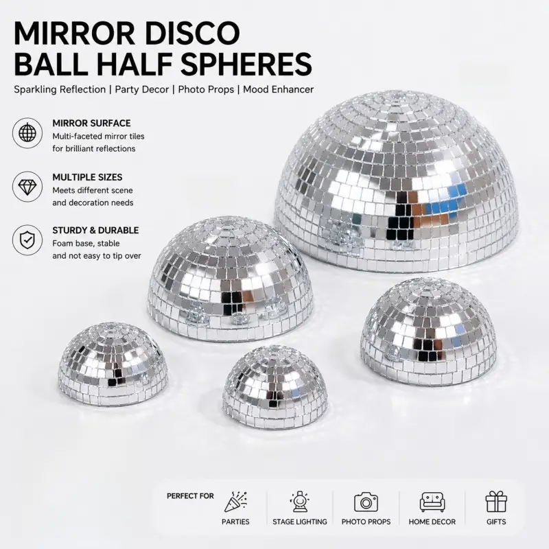 5pcs Mixed Size Self Adhesive Mirror Disco Ball Wall Decor Stickers, 3D Curved Reflective Wall Art, Removable for Bedroom Dorm Bar, Tiles Sticker