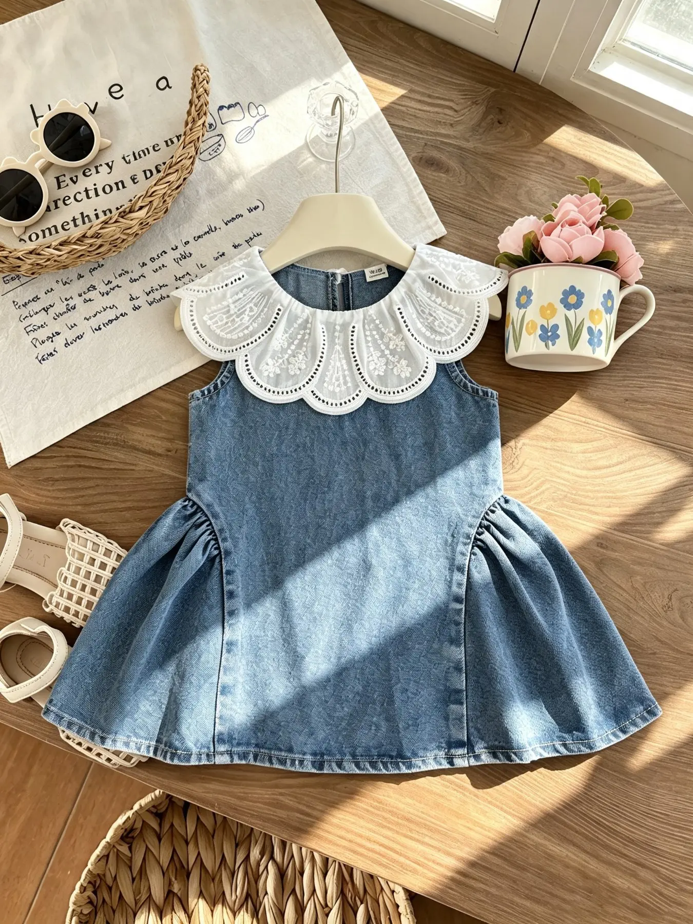 Baby Girl Summer Casual Midi Dress, Sleeveless Lace Collar Denim Dress, Cute Fluffy Ruffle Hem, Fresh Farmhouse Style, Baby Girl Clothes