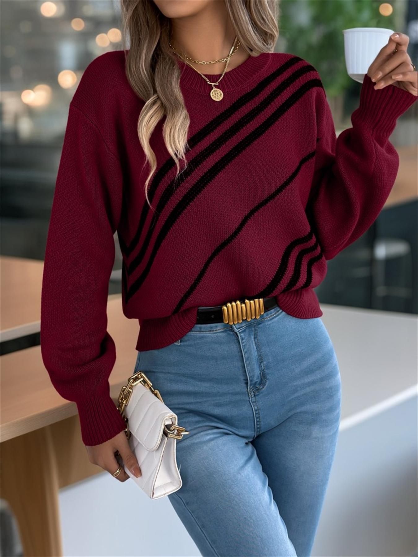Women's Colorblock Drop Shoulder Fitted Sweater Tops, Casual Long Sleeve Round Neck Jumper for Fall & Winter, Fashion Ladies' Knitwear for Daily Wear