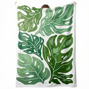 60x50 Inch Boho Tropical Green Monstera Leaf Flannel Throw Blanket, Anti Pilling Hypoallergenic Ultra Soft Wrinkle Resistant No Shed Lightweight Foldable Plush Blanket for Tropical Plant Home Decor