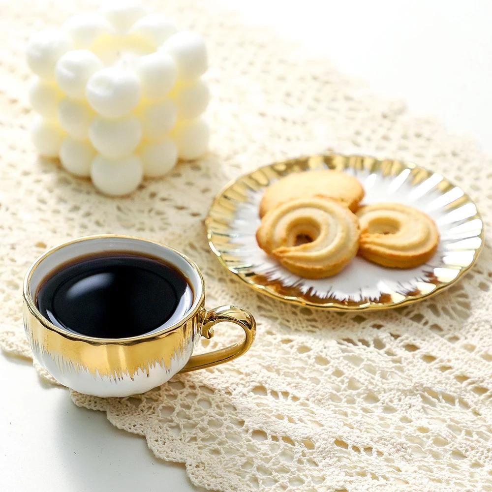 LETAOTAO Tea Cups and Saucer Set with Luxury Gold Rim,  Espresso Coffee Cup Teacup Sets Cappuccino Cup Nordic Style