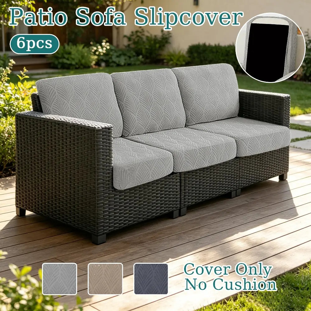 6PCS Waterproof Leaf Jacquard Sofa Cushion Cover Double Layer Waterproof Material with TPU Backing Film Patio Sofa Cover Soft Comfortable Durable Wear-Resistant Sofa Protective Cover Suitable for Outdoor Courtyard Patio Garden Sofa Cover Decoration