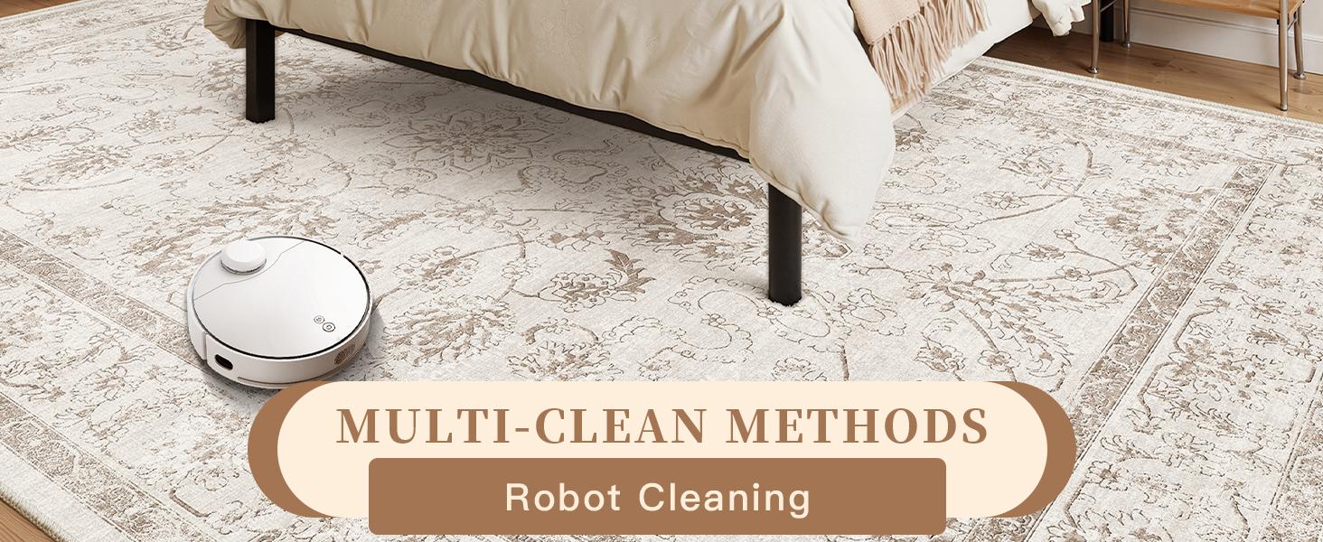 Washable 6x9 Area Rugs for Living Room, Vintage Natural Rug with Non-Slip Backing, Soft Stain Resistant Throw Rugs Thin Carpet for Bedroom Dining Room Farmhouse (6 x 9, Brown/Ivory)