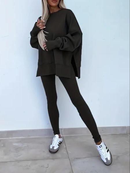 Women's Solid Drop Shoulder Split Hem Sweatshirt & Pants Two-piece Set, Sweatsuit Matching Set, Casual Fashion Cozy Breathable Outfits for Daily Outdoor Wear, Ladies Sportswear for All Seasons