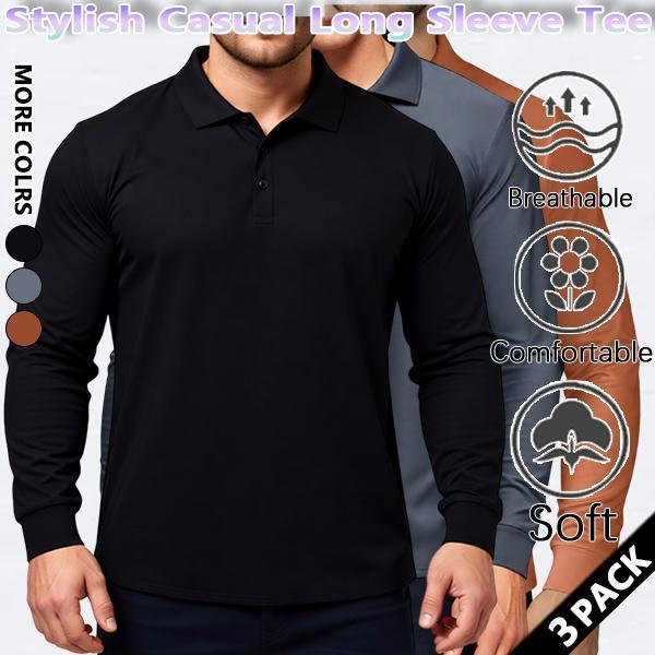 Men's Fitness All-Season Comfortable T-Shirt, Versatile Long-Sleeve Polo Shirt, Lapel Collar, Casual, Elastic, Solid Color, Slim Fit, Wrinkle-Free, Breathable, Figure-Flattering