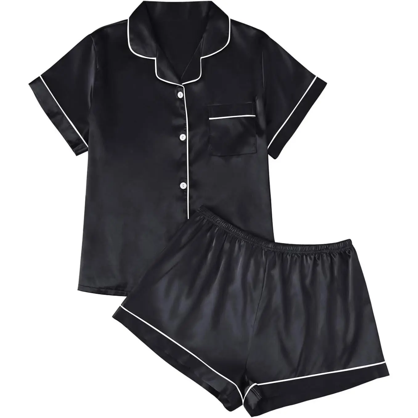 Silk Satin Pajama Set for Women Summer Two Piece Fall Lounge Pjs, Cozy Matching Sleepwear, Short Sleeve Button Down Shirt and Shorts, Soft Loungewear with Pocket, Cute Trendy Clothing