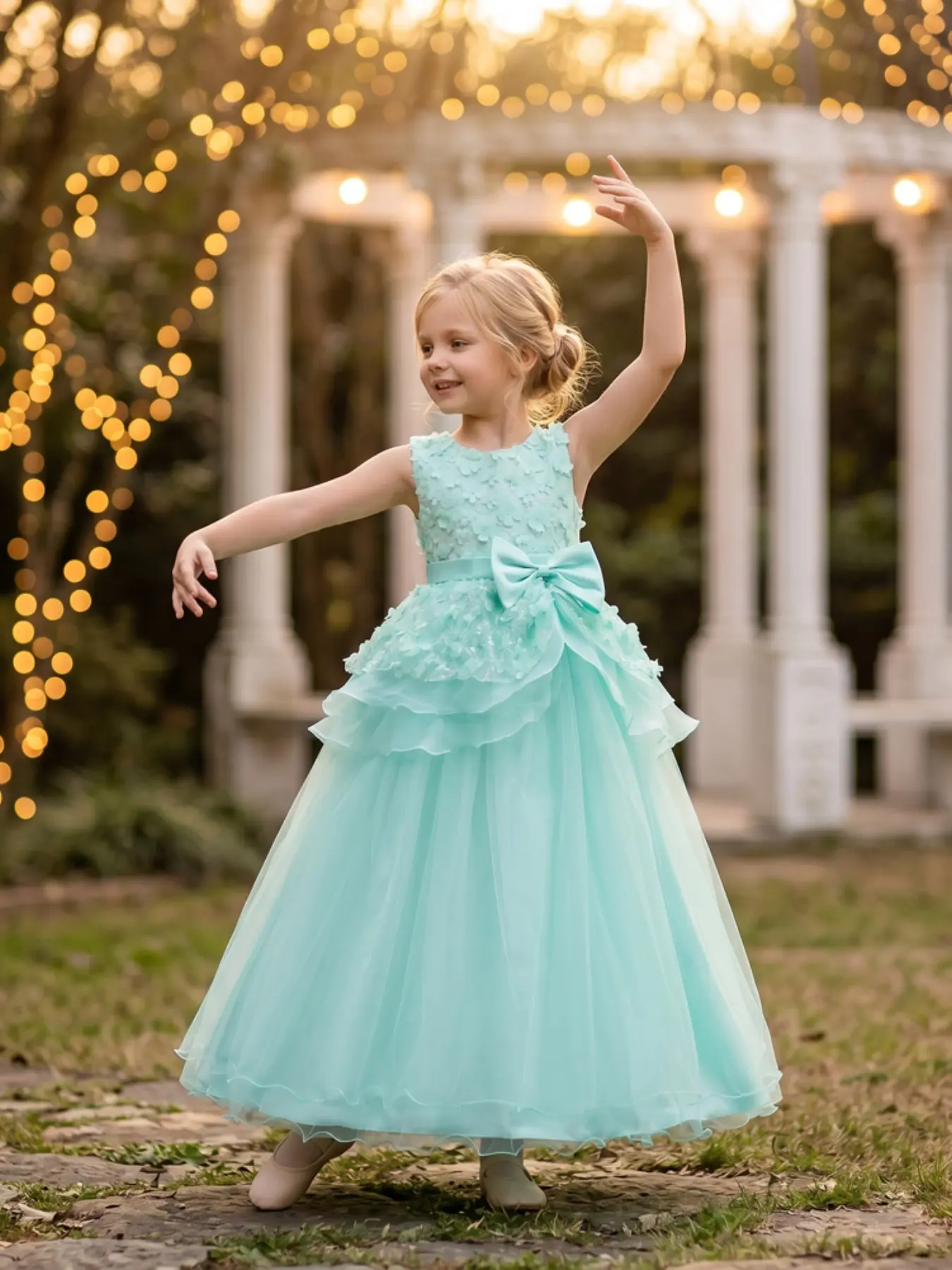 Party Dress, Long Ruffled Mesh Skirt, Princess Style Birthday Gown, Elegant Girl Bridesmaid Dress, Performance Costume
