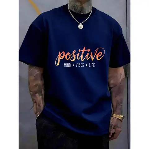 Men's Short-Sleeve Cotton Stretch Soft Sports Top T-Shirt - Fabric, Casual Menswear, Positive Mind Vibes Life Design, Outdoor Athletic Hemmed Activewear, Gifts for Him
