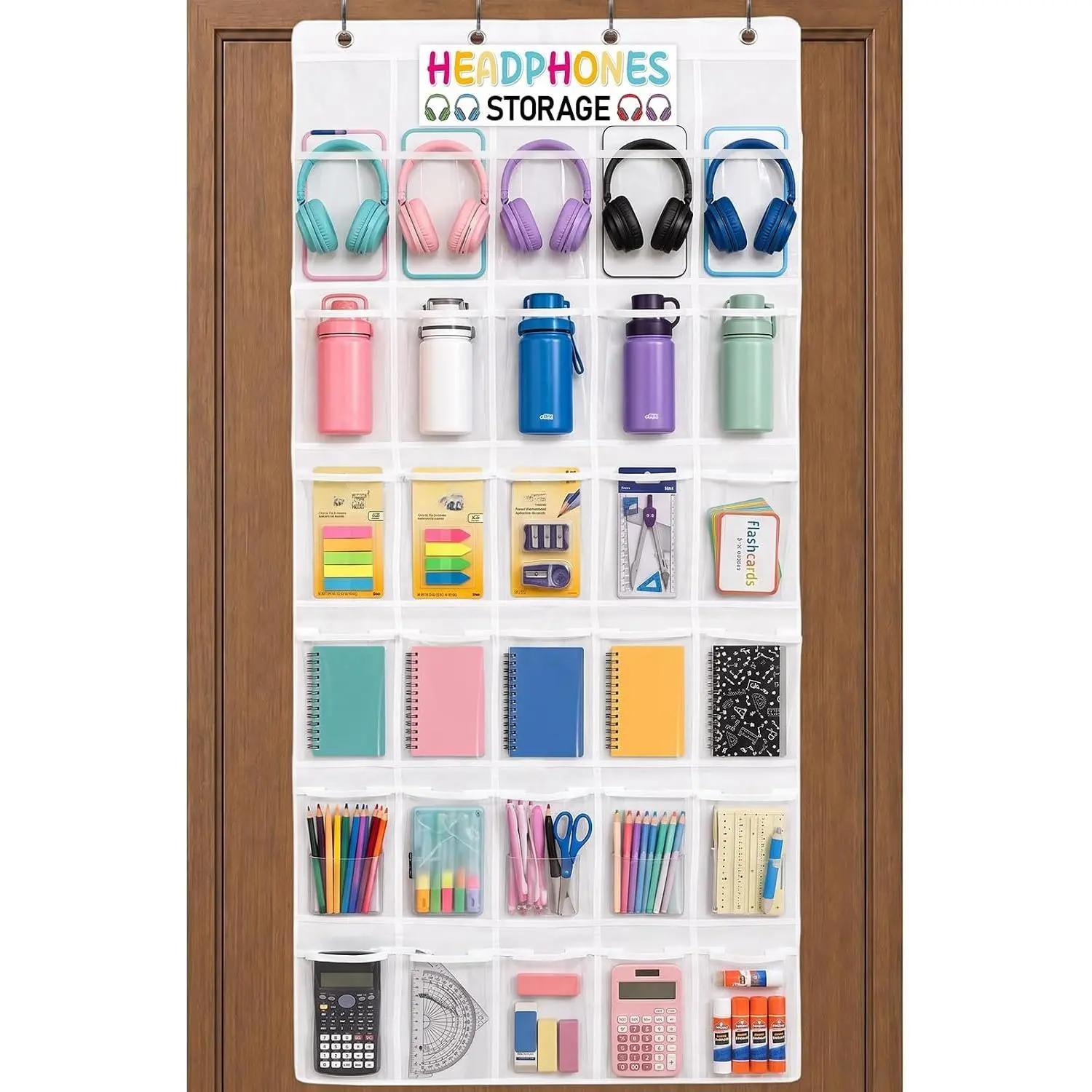 30 Larger Pockets Classroom Headphone Storage Organizer PVC Clear Classroom Pocket for School Headphone Cell Phone Over-the-Door  Headphone Holder Bag with 2 Stickers 4 Hooks