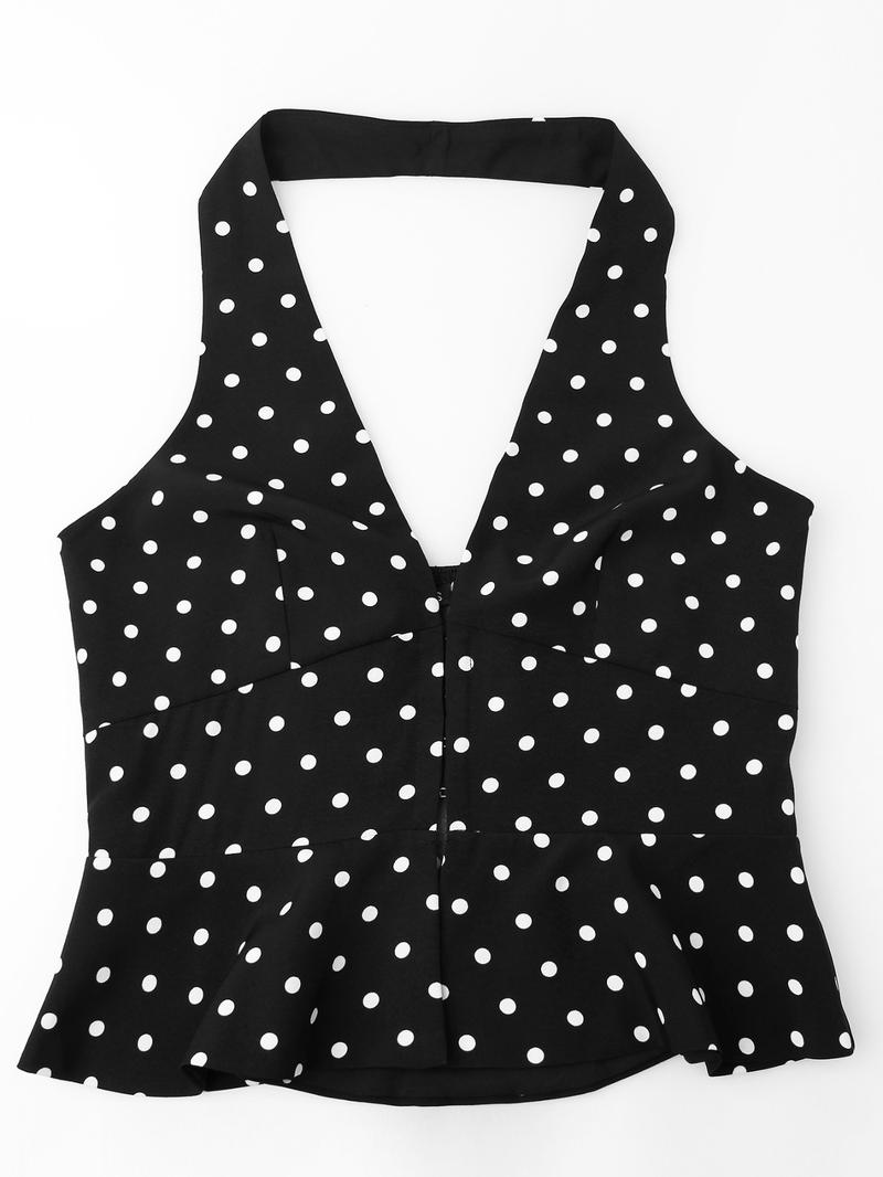 Women's Polka Dot Print Open Front Crop Tank Top, Casual Fitted Sleeveless Cropped Top for Summer, Women's Clothing for Daily Wear