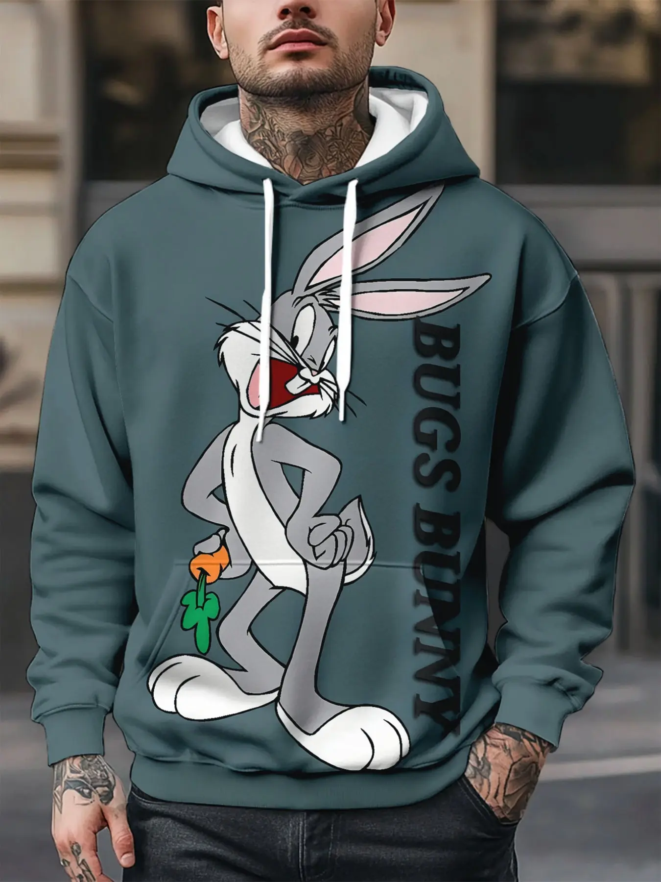 Men's Hooded Sweatshirt, Warner Bros. Collaboration, Looney Tunes Print, Fall & Winter, Casual Sports Wear, Fitted, All over Print