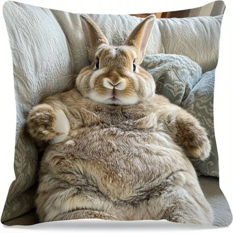 2-Pcs Soft Plush Polyester Chubby Bunny Throw Pillow Covers, Double-Side Rabbit Print, Zipper Closure, Machine Washable Home Decor, Gift-Ready (Inserts Not Included), Zippered
