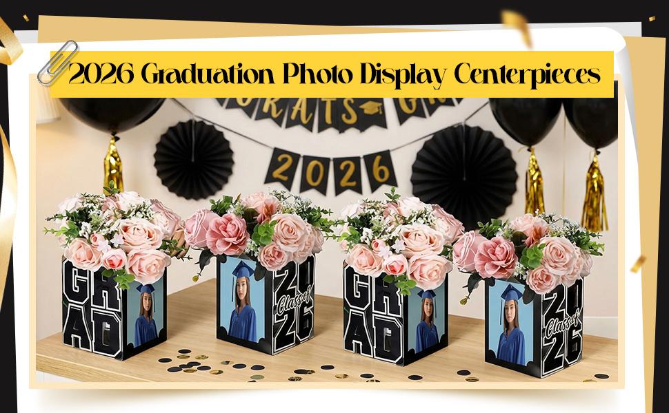 12 Pcs 2026 Graduation Photo Box Centerpieces for Table, Class of 2026 Table Decor Picture Frame Holders, 6x4 Inch Grad Party Favors Photo Props for Congrats Grad Decorations Gift(Word,Black)