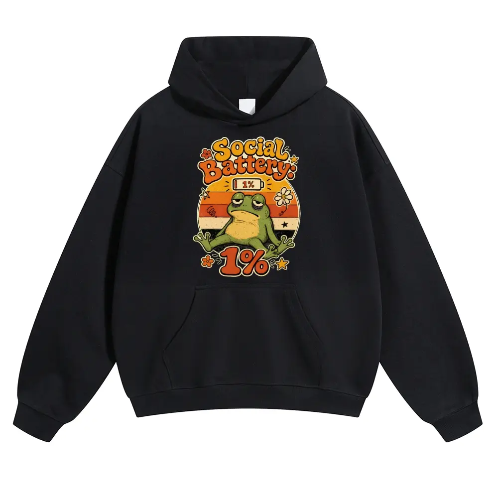 Unisex Social Battery: 1% Cartoon Tired Frog Social Anxiety Graphic hoodie Personalized Pattern Y2k Clothing Round Neck hoodie,Women's Clothing 100% Cotton, Menswear, Top, Vintage Style,Summer Casual Oversized