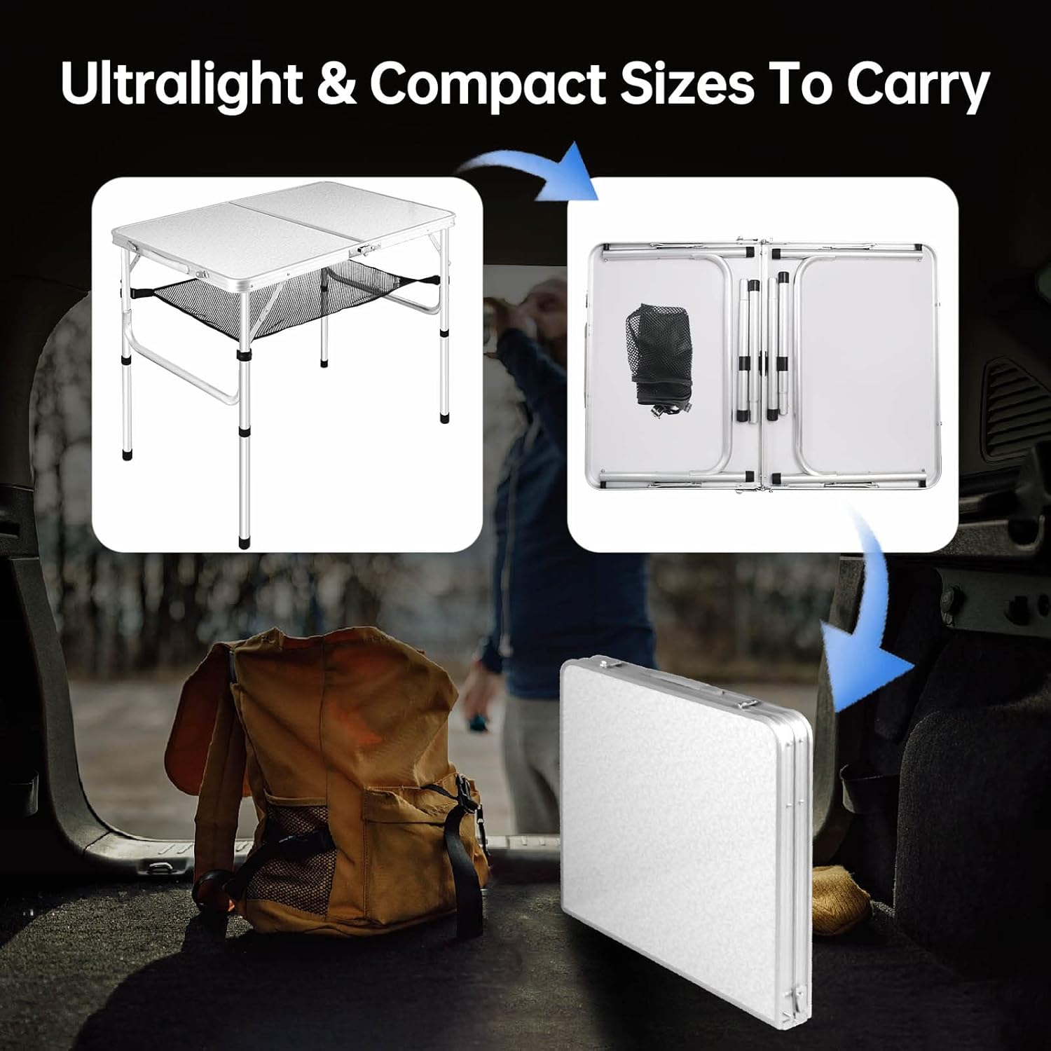 Medium Folding Table,2 Adjustable Height Foldable Table,3Ft Portable Camping Table,Outdoor Folding Table with Net Mesh,Folding Beach Table,White Metal Folding Table for Patio BBQ Backpacking